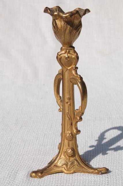 photo of antique art nouveau design cast metal candlestick, brass or spelter w/ old gold paint #3