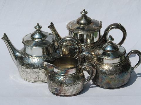 photo of antique art nouveau embossed flower tea & coffee set, Meriden silver #1