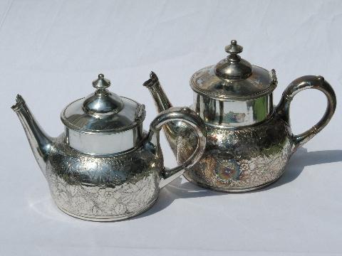 photo of antique art nouveau embossed flower tea & coffee set, Meriden silver #2