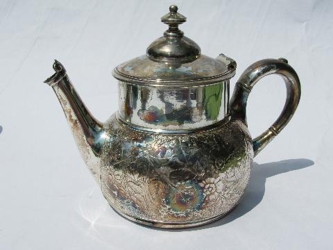 photo of antique art nouveau embossed flower tea & coffee set, Meriden silver #4