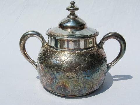 photo of antique art nouveau embossed flower tea & coffee set, Meriden silver #7