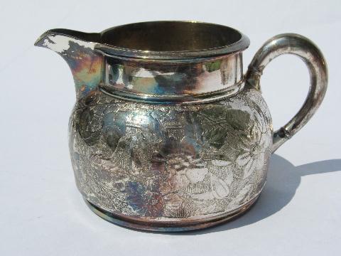 photo of antique art nouveau embossed flower tea & coffee set, Meriden silver #8