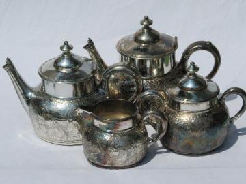 catalog photo of antique art nouveau embossed flower tea & coffee set, Meriden silver