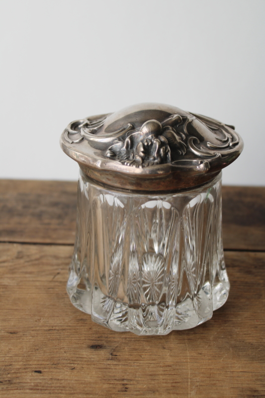 photo of antique art nouveau floral silver plate heavy crystal candy jar or tobacco humidor  #1