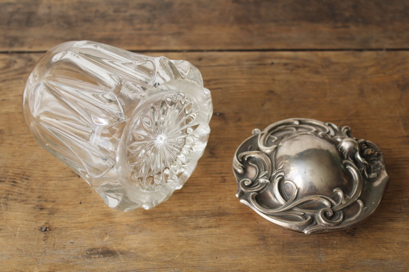 photo of antique art nouveau floral silver plate heavy crystal candy jar or tobacco humidor  #7