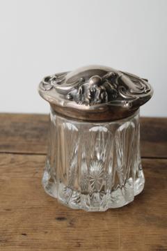 catalog photo of antique art nouveau floral silver plate heavy crystal candy jar or tobacco humidor 