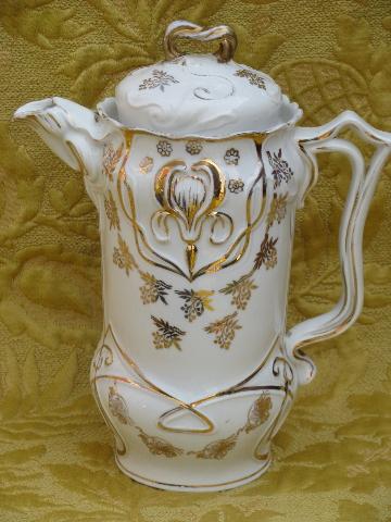 photo of antique art nouveau porcelain coffee/chocolate pot, Limoges iris w/gold #1