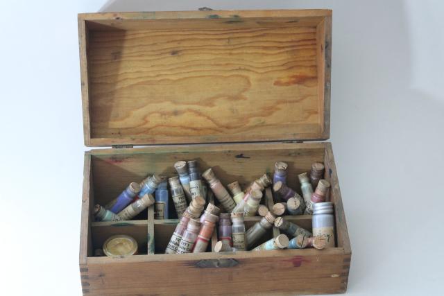 photo of antique artist's paint box, tiny glass vials powdered color pigments for china painting #1