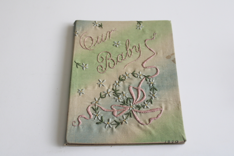 photo of antique baby book for child born 1912, vintage hand embroidered silk cover album  #1