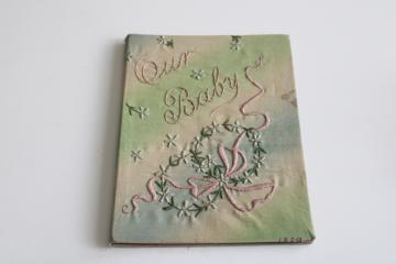 catalog photo of antique baby book for child born 1912, vintage hand embroidered silk cover album 