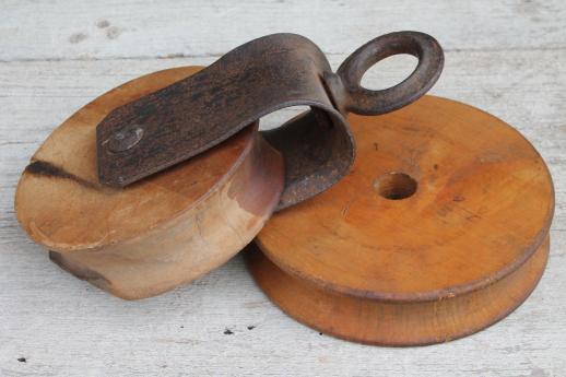 photo of antique barn pulley for block & tackle  w/ iron hardware & extra wood pulley wheel #4