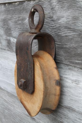 photo of antique barn pulley for block & tackle  w/ iron hardware & extra wood pulley wheel #7