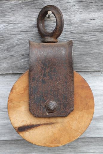 photo of antique barn pulley for block & tackle  w/ iron hardware & extra wood pulley wheel #9