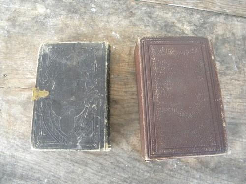 photo of antique bibles, 1800s pocket sized embossed leather covers,brass clasp #2