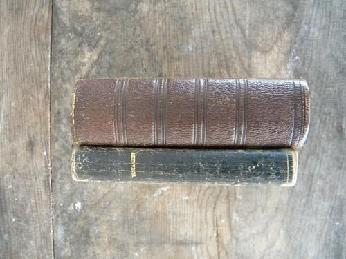 photo of antique bibles, 1800s pocket sized embossed leather covers,brass clasp #3