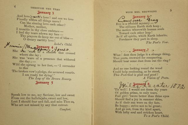 photo of antique birthday album book written in ink, Elizabeth Barrett Browning lines for every day #7