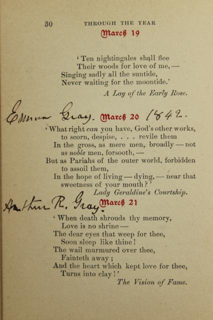 photo of antique birthday album book written in ink, Elizabeth Barrett Browning lines for every day #8