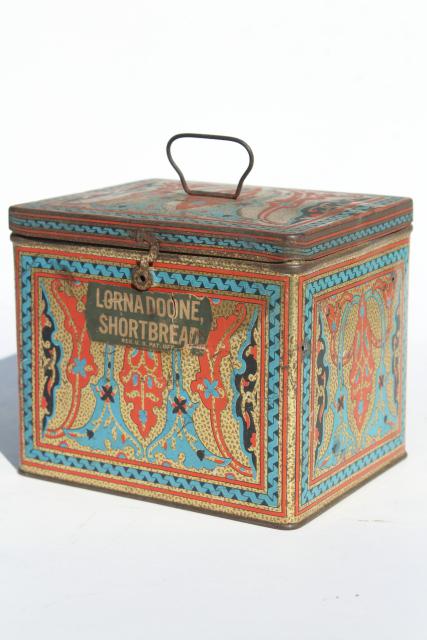 photo of antique biscuit tin, Lorna Doone shortbread cookie box w/ handle, art nouveau print #1