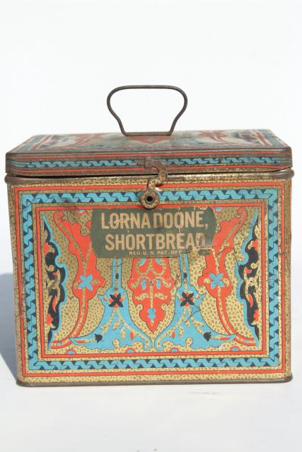 photo of antique biscuit tin, Lorna Doone shortbread cookie box w/ handle, art nouveau print #2