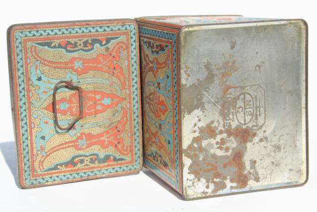 photo of antique biscuit tin, Lorna Doone shortbread cookie box w/ handle, art nouveau print #7