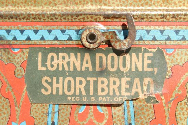 photo of antique biscuit tin, Lorna Doone shortbread cookie box w/ handle, art nouveau print #8