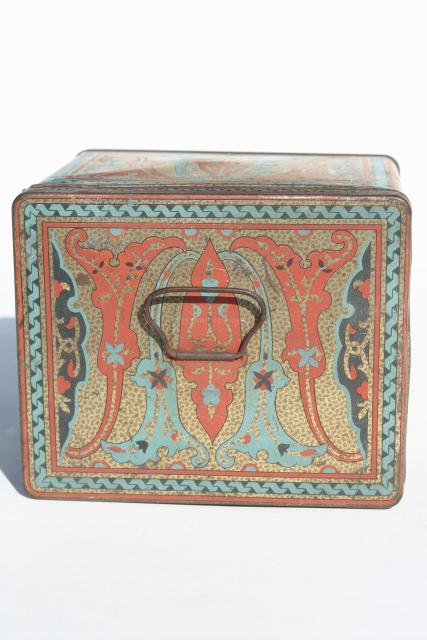 photo of antique biscuit tin, Lorna Doone shortbread cookie box w/ handle, art nouveau print #9