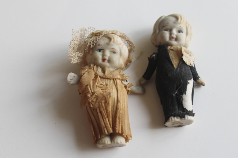 photo of antique bisque china dolls frozen charlotte miniature bride & groom 1920s vintage  #1