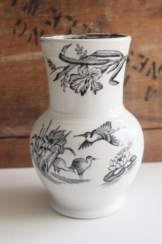 photo of antique black transferware birds pattern ironstone china Victorian era toothbrush holder vase  #1