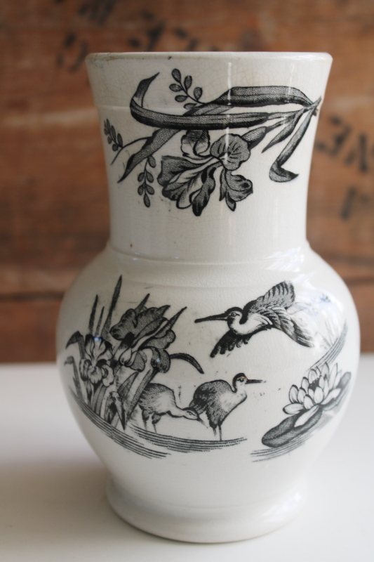 photo of antique black transferware birds pattern ironstone china Victorian era toothbrush holder vase  #4