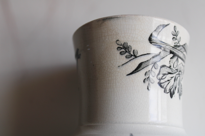 photo of antique black transferware birds pattern ironstone china Victorian era toothbrush holder vase  #6