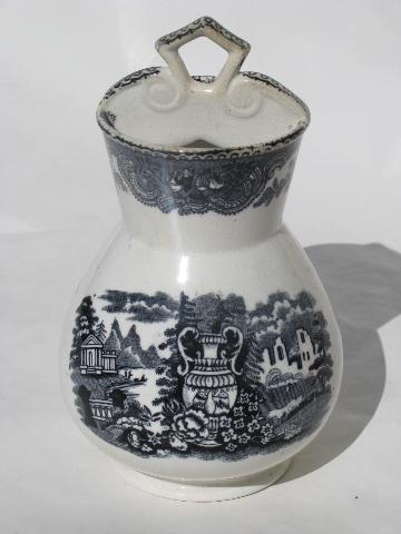 photo of antique black transferware ironstone china toothbrush holder vase, or spooner? #1