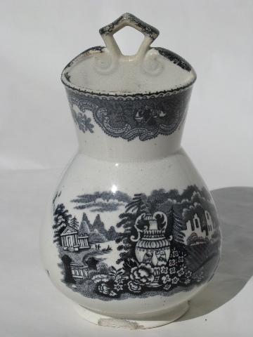 photo of antique black transferware ironstone china toothbrush holder vase, or spooner? #2