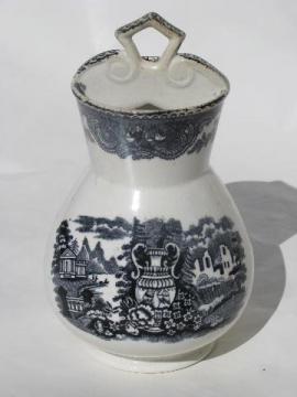 catalog photo of antique black transferware ironstone china toothbrush holder vase, or spooner?