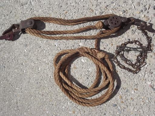 photo of antique block & tackle with cast iron double pulley, rope & pulley barn hoist #1