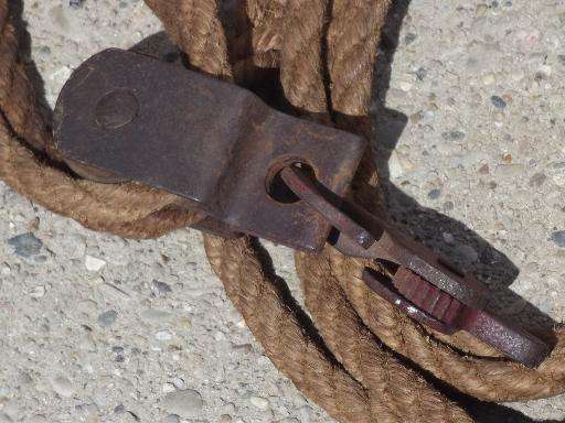 photo of antique block & tackle with cast iron double pulley, rope & pulley barn hoist #2