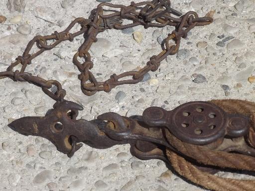 photo of antique block & tackle with cast iron double pulley, rope & pulley barn hoist #3