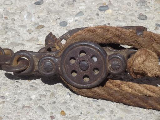 photo of antique block & tackle with cast iron double pulley, rope & pulley barn hoist #4