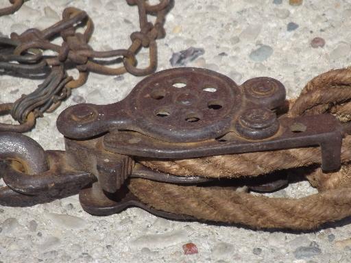 photo of antique block & tackle with cast iron double pulley, rope & pulley barn hoist #6