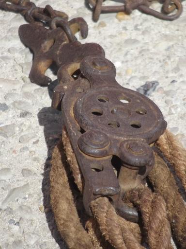 photo of antique block & tackle with cast iron double pulley, rope & pulley barn hoist #7