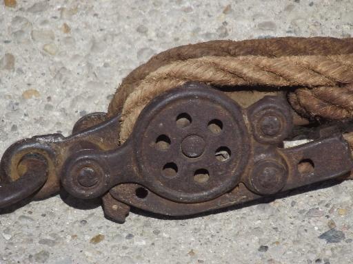 photo of antique block & tackle with cast iron double pulley, rope & pulley barn hoist #8