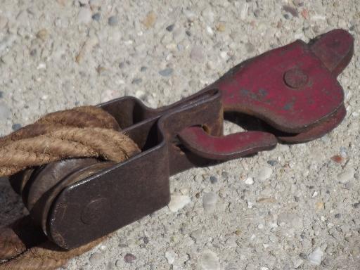 photo of antique block & tackle with cast iron double pulley, rope & pulley barn hoist #10