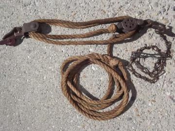 catalog photo of antique block & tackle with cast iron double pulley, rope & pulley barn hoist