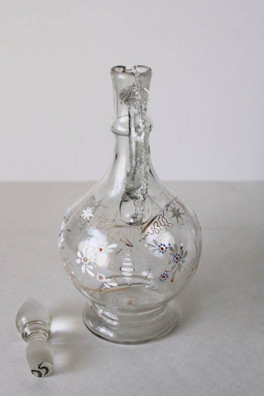 photo of antique blown and pressed glass decanter w/ stopper, fancy Victorian enamel glass wine pitcher #2