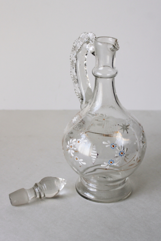 photo of antique blown and pressed glass decanter w/ stopper, fancy Victorian enamel glass wine pitcher #3