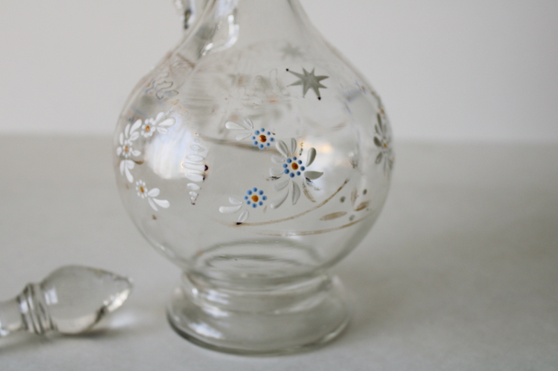 photo of antique blown and pressed glass decanter w/ stopper, fancy Victorian enamel glass wine pitcher #4