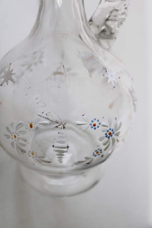 photo of antique blown and pressed glass decanter w/ stopper, fancy Victorian enamel glass wine pitcher #5