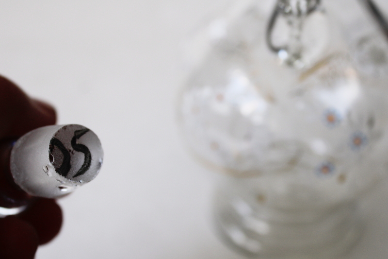 photo of antique blown and pressed glass decanter w/ stopper, fancy Victorian enamel glass wine pitcher #7