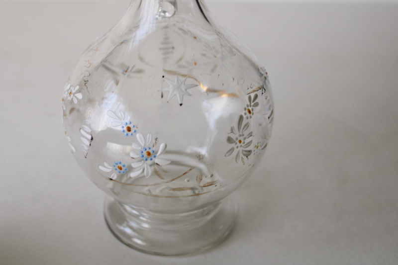 photo of antique blown and pressed glass decanter w/ stopper, fancy Victorian enamel glass wine pitcher #9