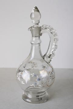 antique blown and pressed glass decanter w/ stopper, fancy Victorian enamel glass wine pitcher 