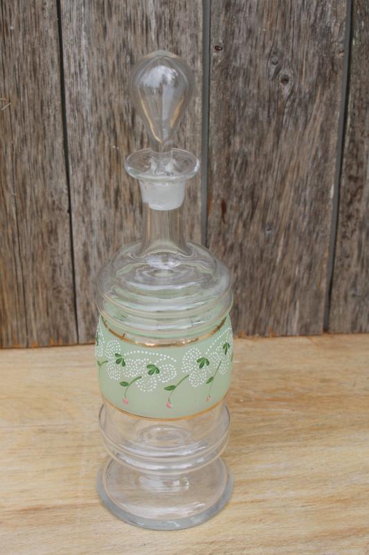 photo of antique blown glass decanter or cologne bottle, shamrock clover hand painted enamel #1